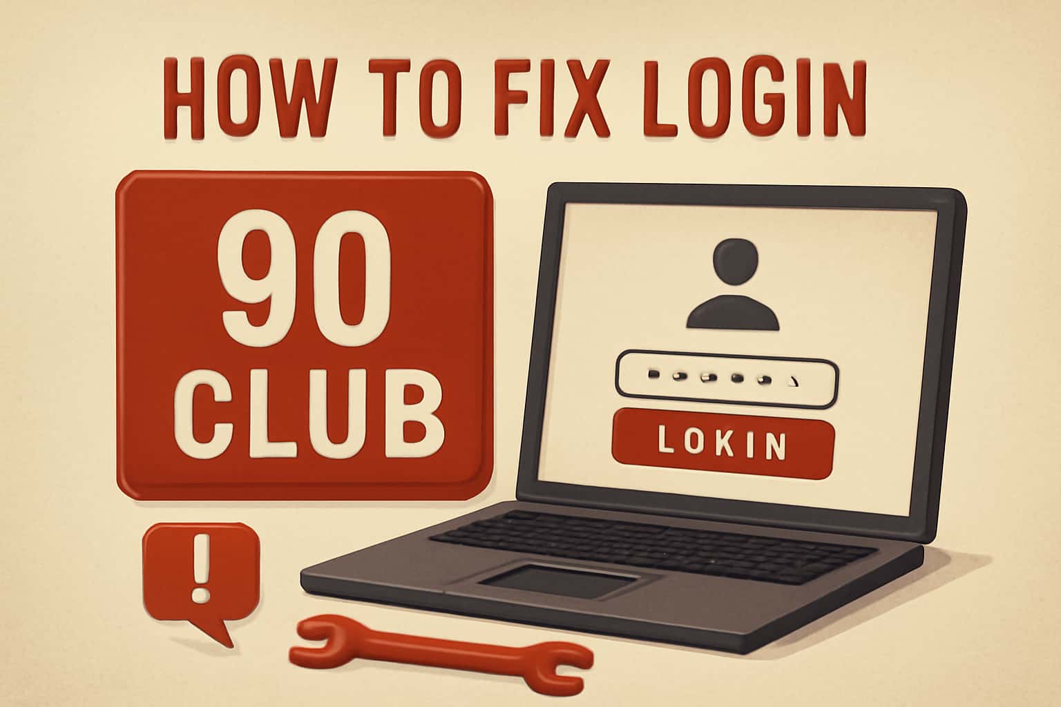 An informative scene illustrating how to address login issues in the 90 Club app with clear text.